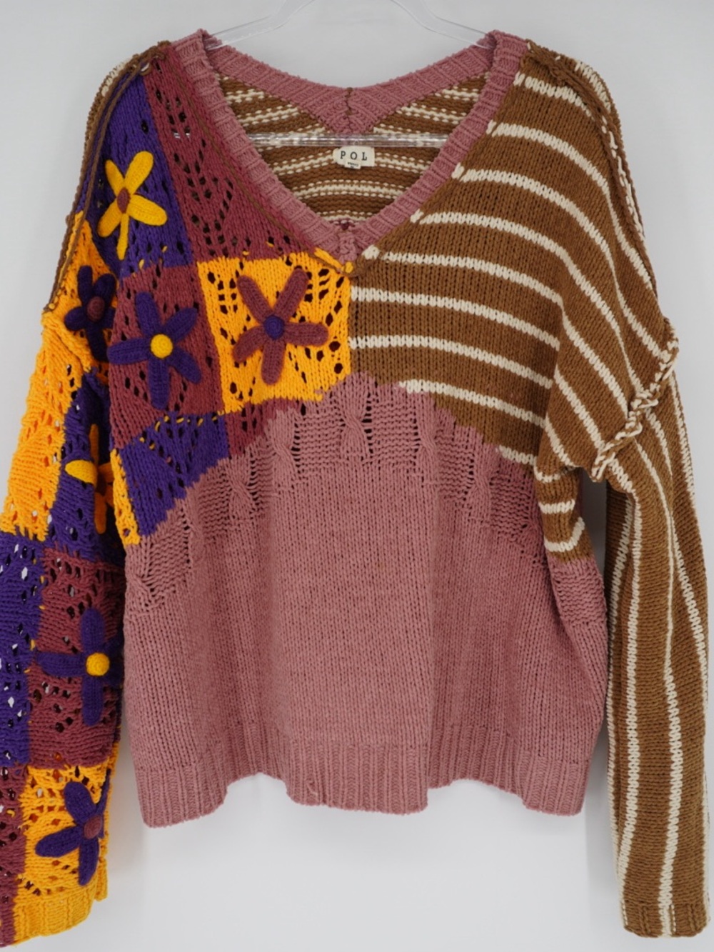 Pol Chenille Pink And Brown Floral Contrast Color Block Crochet OverSized M - Picture 2 of 14